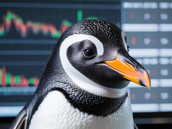 A forex trading system's penguin looking at the camera with a shy expression, and a forex trading chart in the background
