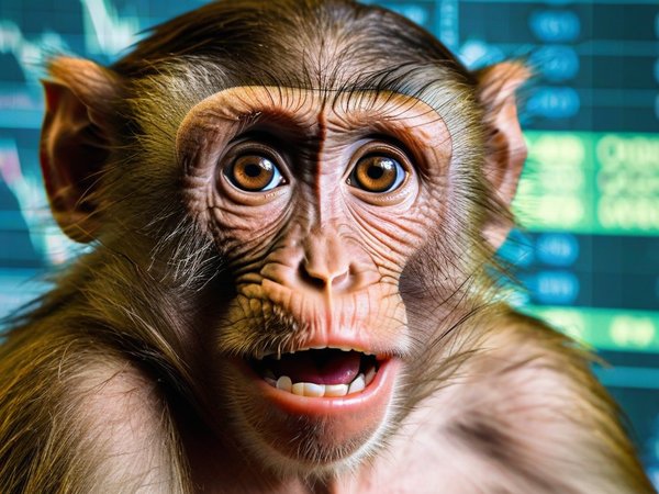 A forex trading system's monkey looking at the camera with a shocked expression, and a forex trading chart in the background