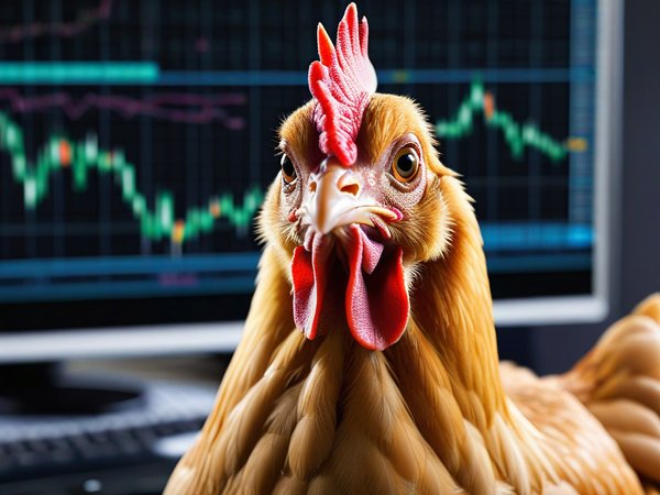 A forex trading system's chicken looking at the camera with a happy expression, and a forex trading chart in the background