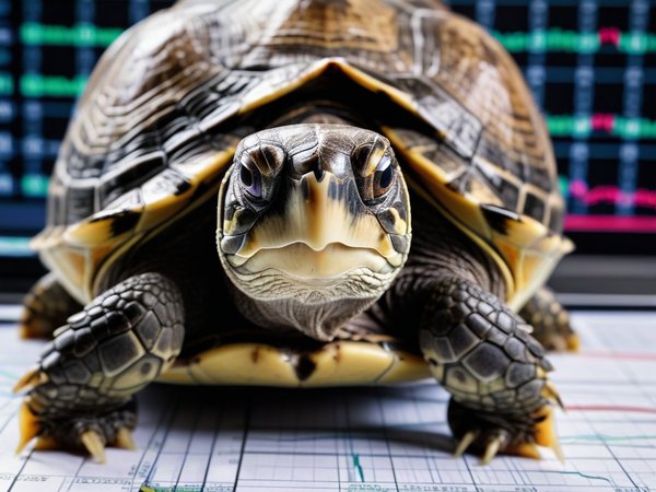 a forex trading system's turtle looking at the camera with a grumpy expression, and a forex trading chart in the background