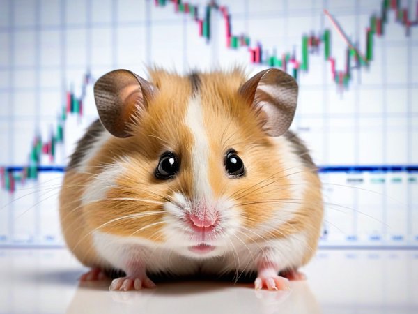 A forex trading system's hamster looking at the camera with a sleepy expression, and a forex trading chart in the background