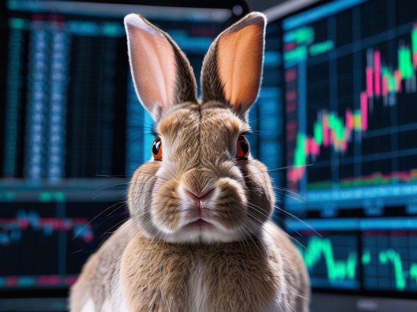 A forex trading system's rabbit looking at the camera with a content expression, and a forex trading chart in the background