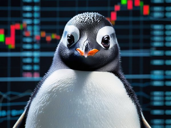 A forex trading system's penguin looking at the camera with a suspicious expression, and a forex trading chart in the background