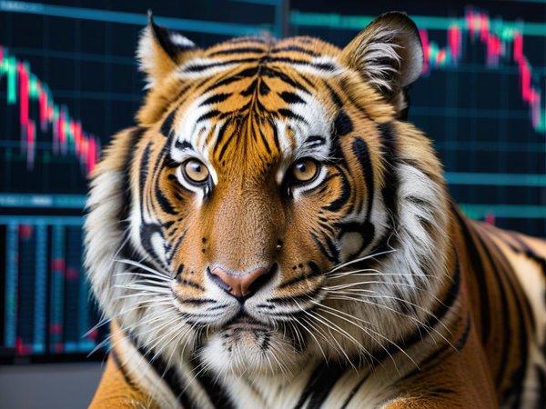 A forex trading system's tiger looking at the camera with a thoughtful expression, and a forex trading chart in the background