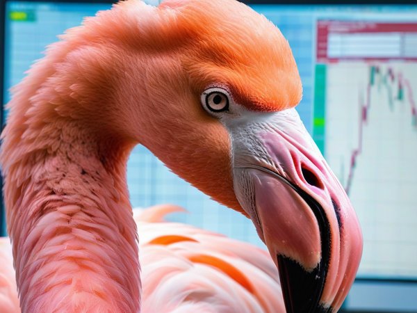 A forex trading system's flamingo looking at the camera with a mischievous expression, and a forex trading chart in the background