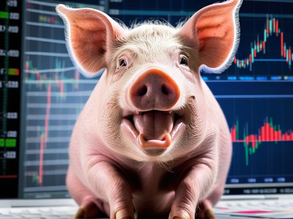 A forex trading system's pig looking at the camera with a excited expression, and a forex trading chart in the background