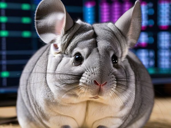 A forex trading system's chinchilla looking at the camera with a suspicious expression, and a forex trading chart in the background