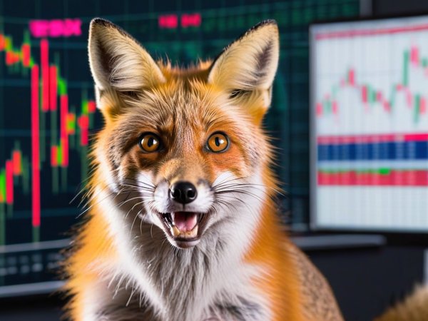 A forex trading system's fox looking at the camera with a surprised expression, and a forex trading chart in the background