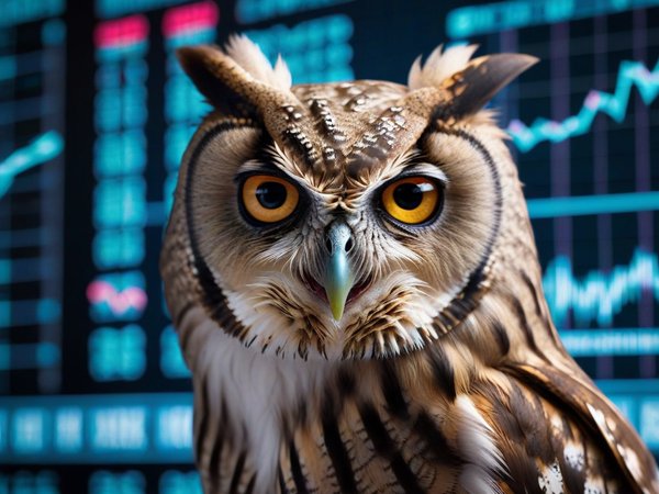 A forex trading system's owl looking at the camera with a angry expression, and a forex trading chart in the background