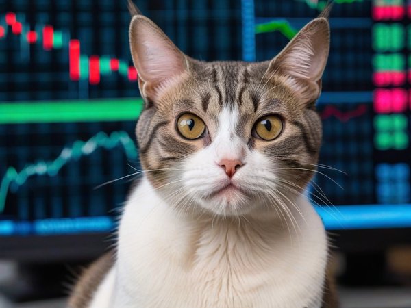 A forex trading system's cat looking at the camera with a suspicious expression, and a forex trading chart in the background