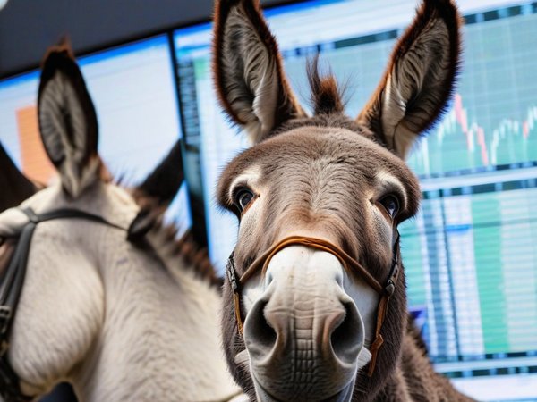 A forex trading system's donkey looking at the camera with a mischievous expression, and a forex trading chart in the background
