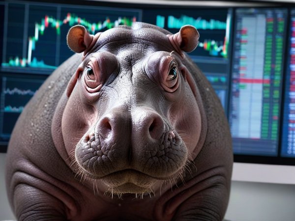 A forex trading system's hippo looking at the camera with a sad expression, and a forex trading chart in the background