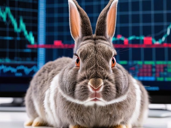 A forex trading system's rabbit looking at the camera with a frustrated expression, and a forex trading chart in the background