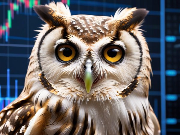A forex trading system's owl looking at the camera with a relieved expression, and a forex trading chart in the background