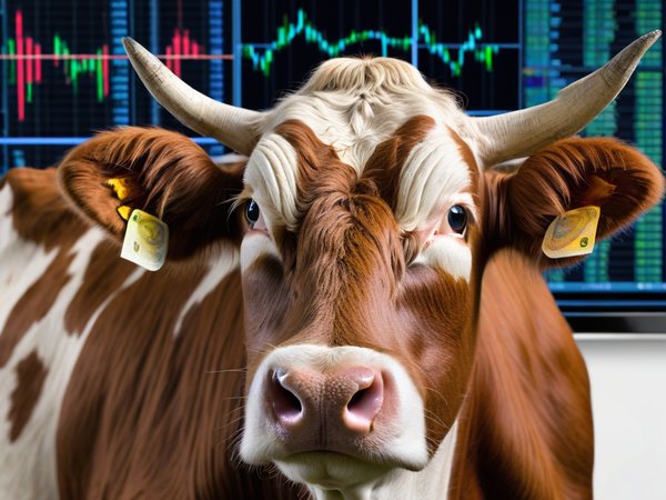 A forex trading system's cow looking at the camera with a relieved expression, and a forex trading chart in the background