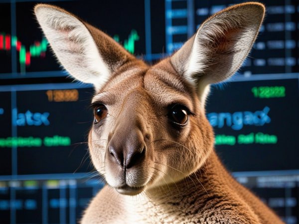 A forex trading system's kangaroo looking at the camera with a thoughtful expression, and a forex trading chart in the background