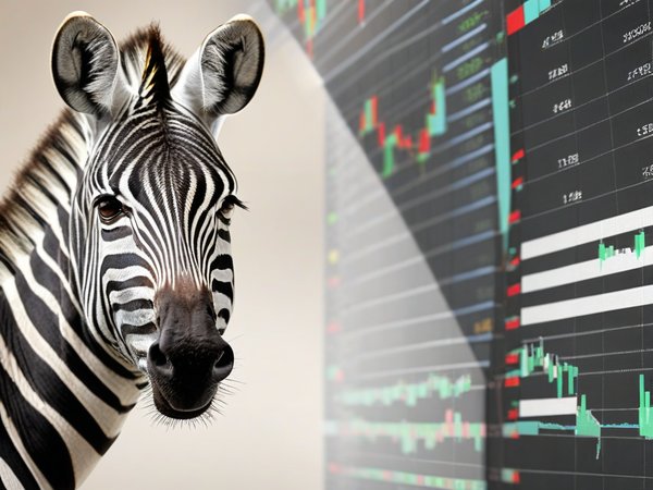 A forex trading system's zebra looking at the camera with a embarrassed expression, and a forex trading chart in the background