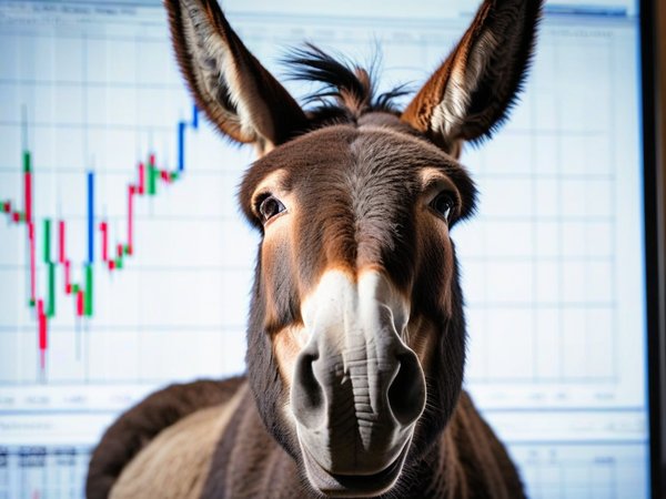 A forex trading system's donkey looking at the camera with a calm expression, and a forex trading chart in the background