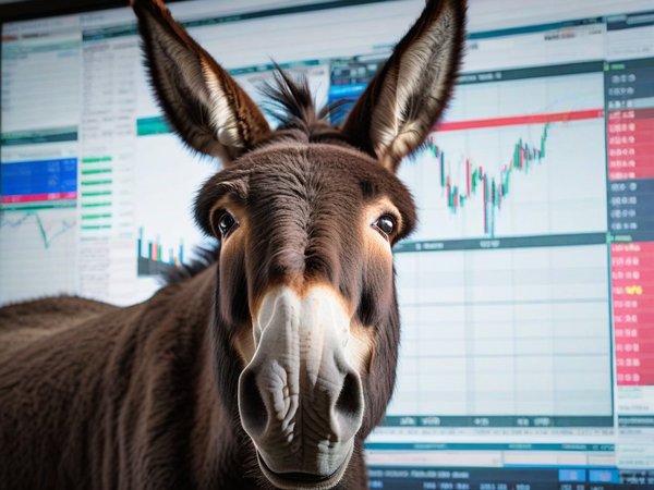 A forex trading system's donkey looking at the camera with a smug expression, and a forex trading chart in the background