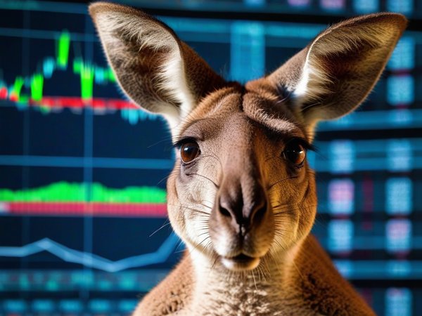 A forex trading system's kangaroo looking at the camera with a nervous expression, and a forex trading chart in the background