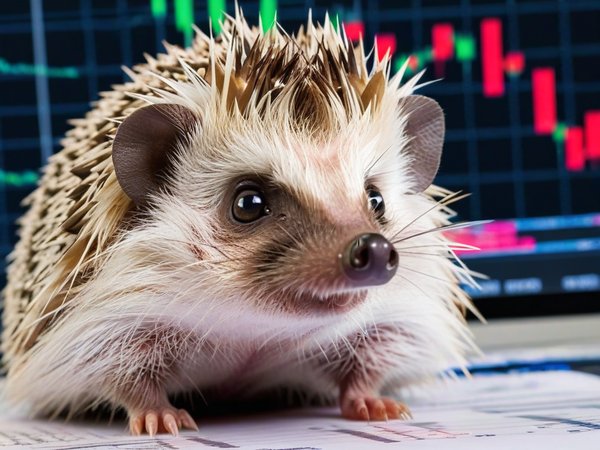 A forex trading system's hedgehog looking at the camera with a amazed expression, and a forex trading chart in the background