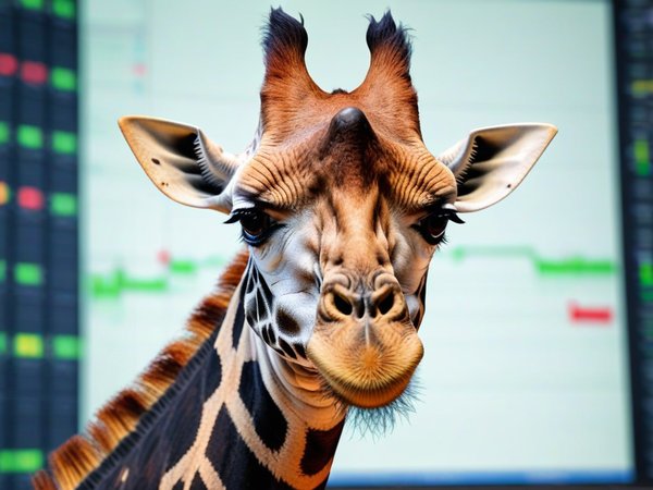 A forex trading system's giraffe looking at the camera with a angry expression, and a forex trading chart in the background