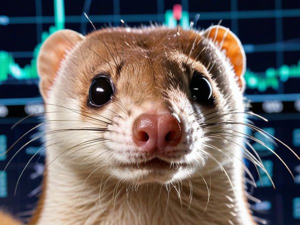 A forex trading system's weasel looking at the camera with a mischievous expression, and a forex trading chart in the background