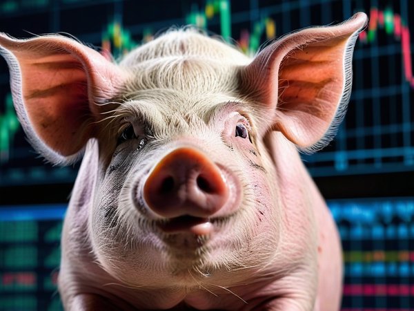 A forex trading system's pig looking at the camera with a annoyed expression, and a forex trading chart in the background