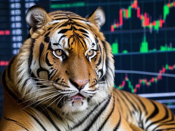 A forex trading system's tiger looking at the camera with a grumpy expression, and a forex trading chart in the background