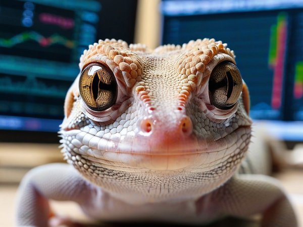A forex trading system's gecko looking at the camera with a smug expression, and a forex trading chart in the background