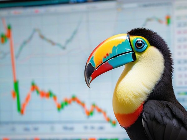A forex trading system's toucan looking at the camera with a proud expression, and a forex trading chart in the background