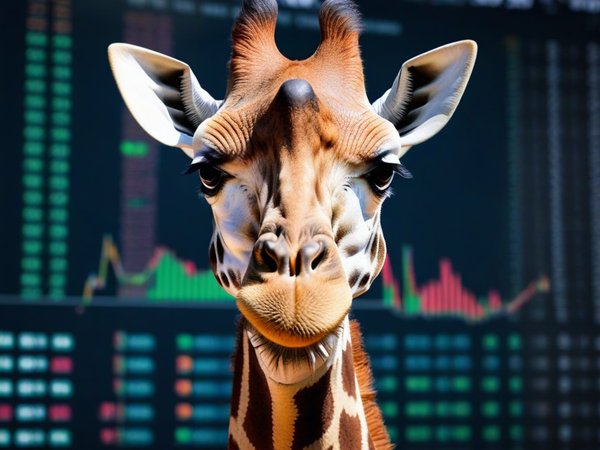 A forex trading system's giraffe looking at the camera with a curious expression, and a forex trading chart in the background