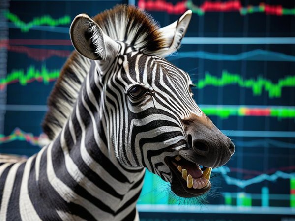 A forex trading system's zebra looking at the camera with a excited expression, and a forex trading chart in the background