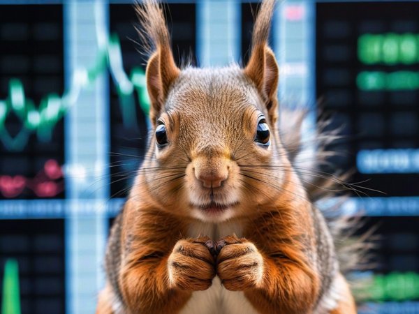 A forex trading system's squirrel looking at the camera with a sad expression, and a forex trading chart in the background