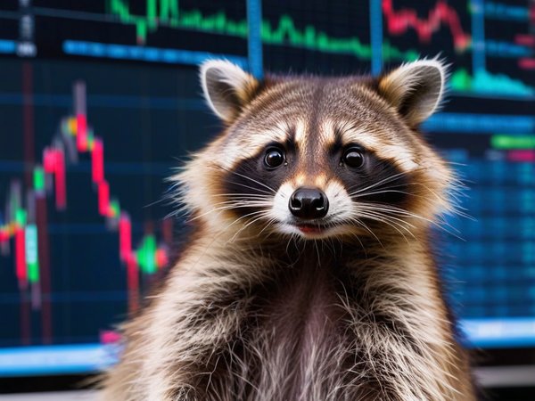 A forex trading system's raccoon looking at the camera with a calm expression, and a forex trading chart in the background