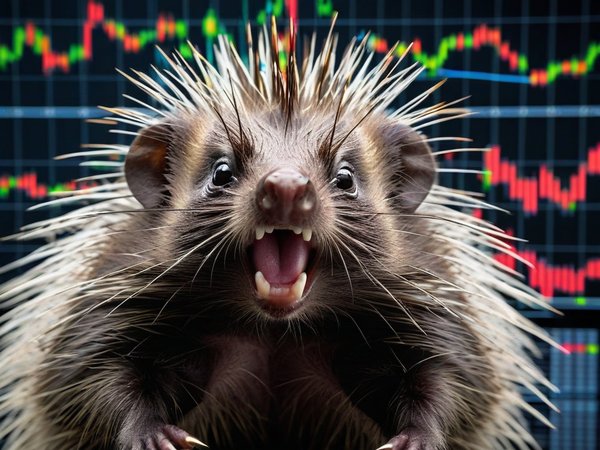 A forex trading system's porcupine looking at the camera with a excited expression, and a forex trading chart in the background