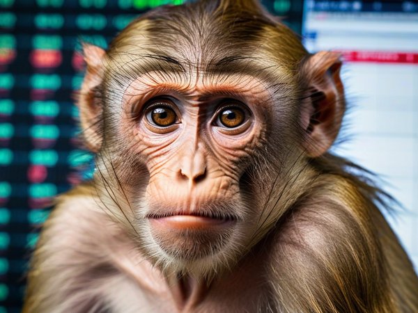 A forex trading system's monkey looking at the camera with a sad expression, and a forex trading chart in the background