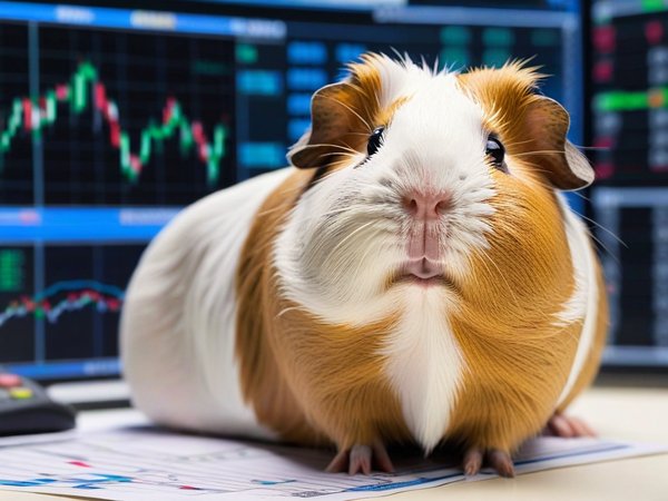 A forex trading system's guinea pig looking at the camera with a relieved expression, and a forex trading chart in the background