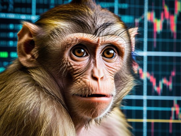 A forex trading system's monkey looking at the camera with a disgusted expression, and a forex trading chart in the background