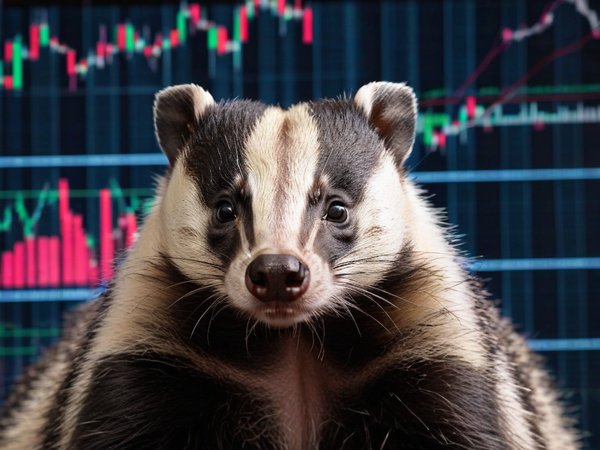 A forex trading system's badger looking at the camera with a annoyed expression, and a forex trading chart in the background