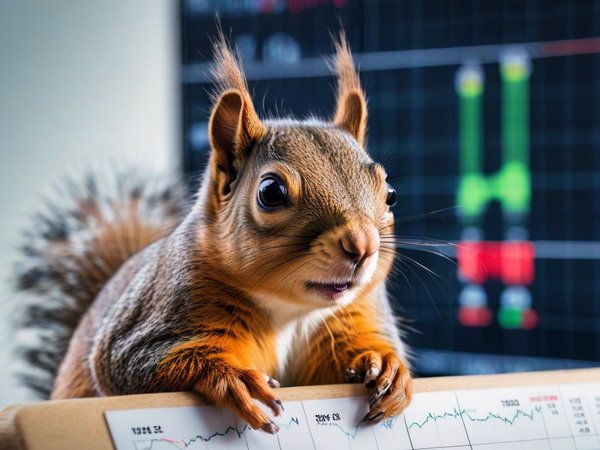 A forex trading system's squirrel looking at the camera with a sleepy expression, and a forex trading chart in the background