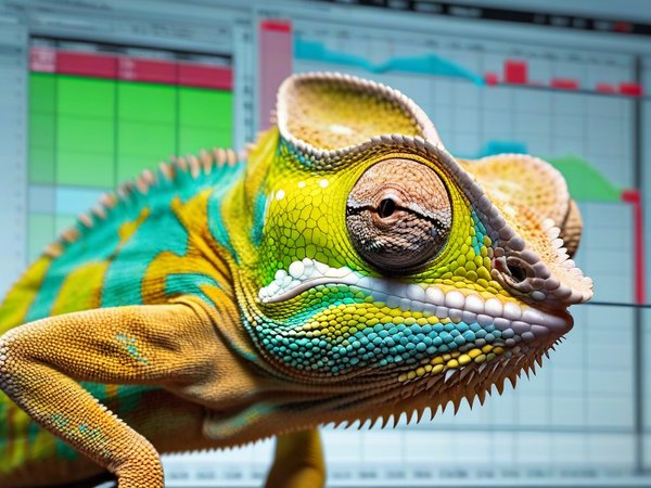 A forex trading system's chameleon looking at the camera with a bored expression, and a forex trading chart in the background