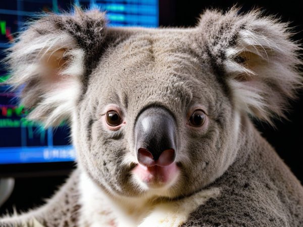 A forex trading system's koala looking at the camera with a smug expression, and a forex trading chart in the background