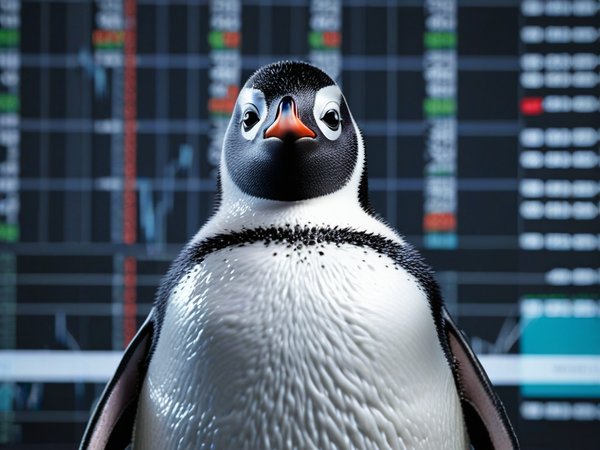 A forex trading system's penguin looking at the camera with a scared expression, and a forex trading chart in the background