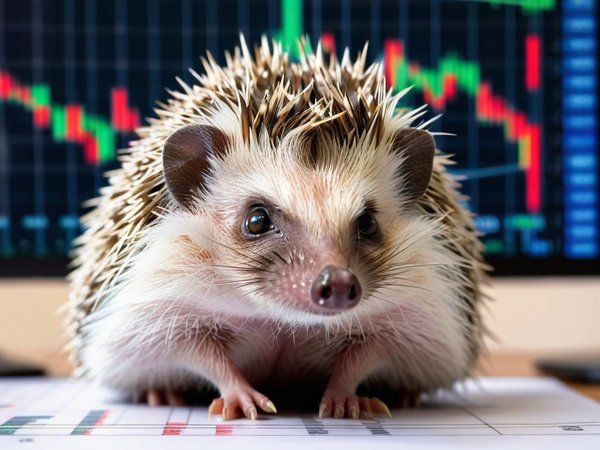 A forex trading system's hedgehog looking at the camera with a skeptical expression, and a forex trading chart in the background
