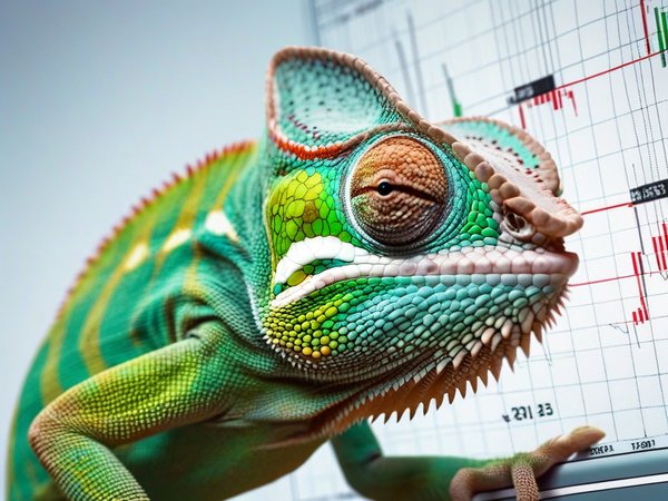 A forex trading system's chameleon looking at the camera with a determined expression, and a forex trading chart in the background