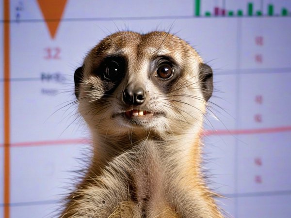 A forex trading system's meerkat looking at the camera with a silly expression, and a forex trading chart in the background