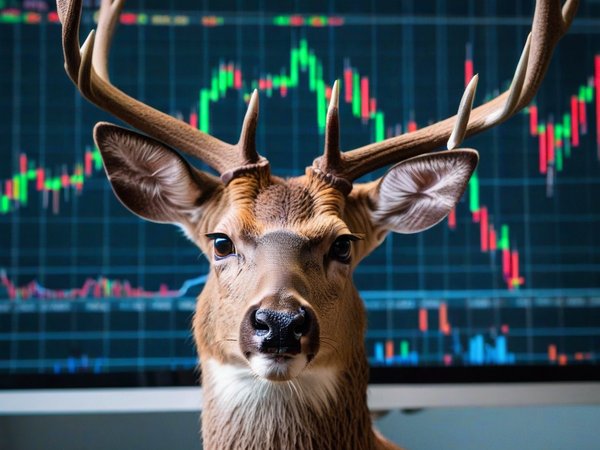 A forex trading system's deer looking at the camera with a frustrated expression, and a forex trading chart in the background
