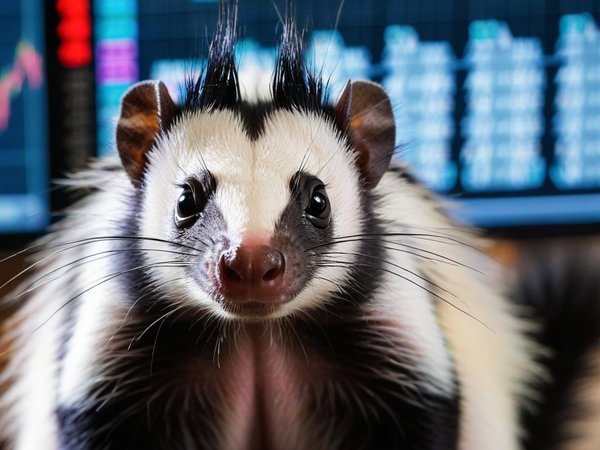 A forex trading system's skunk looking at the camera with a curious expression, and a forex trading chart in the background