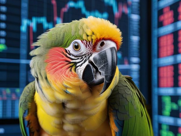 A forex trading system's parrot looking at the camera with a playful expression, and a forex trading chart in the background